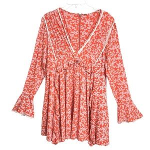 Free People Like You Best Floral Boho Baby Doll Mini Dress M Orange Coachella